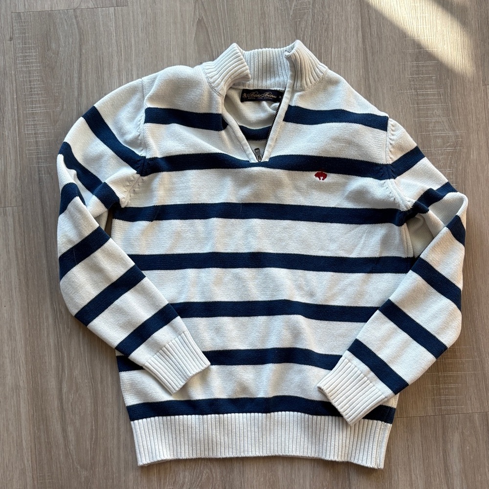 Brooks Brothers Navy and White Striped Quarter-Zip Sweater